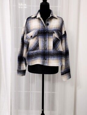 Windsor Plaid Button-Front Shacket Jacket - Blue and Cream